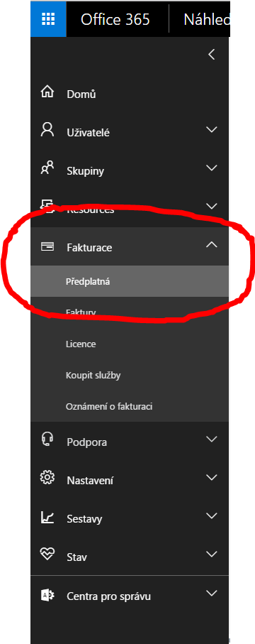 Změna partnerského kódu se provádí na kartě fakturace - předplatná ve správci Office 365