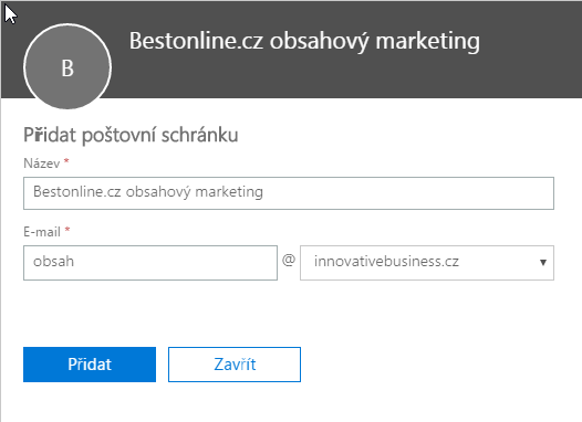 Název a adresa sdílené schránky office 365