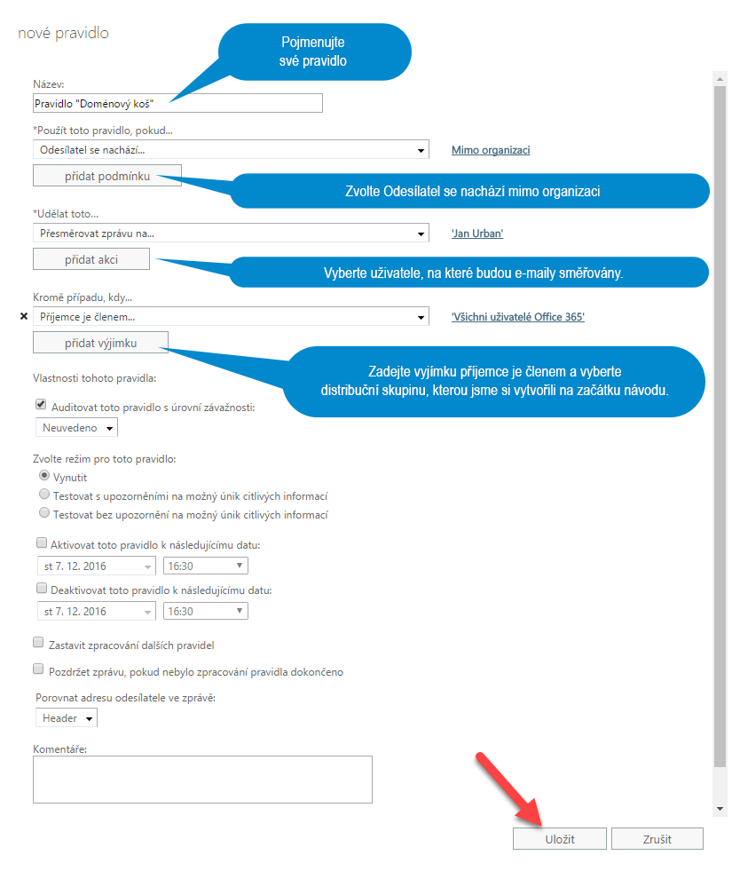 Doménový koš v Office 365 - nastavení pravidla pro tok pošty
