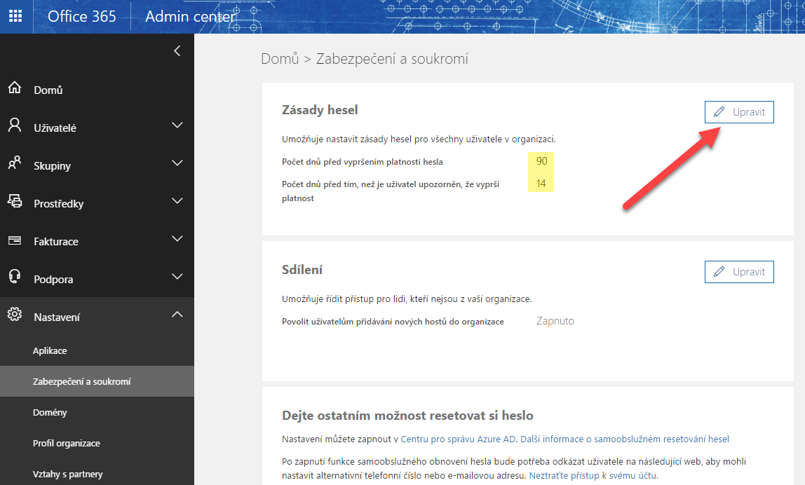 Nastavení platnosti hesla pro přihlášení do služeb Office 365 1