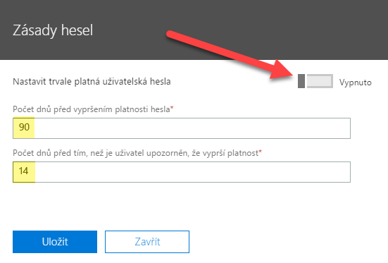 Nastavení platnosti hesla pro přihlášení do služeb Office 365 3