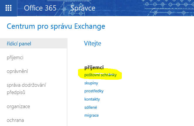 Exchange Admin Centrum nastavení poštovních schránek