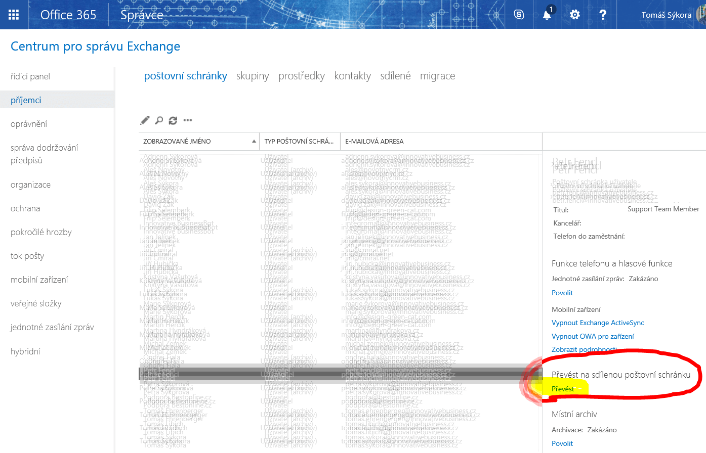 Převedení schránky na sdílenou v Exchange Online