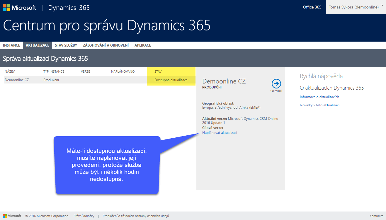 Aktualizace Microsoft Dynamics 365 - dostupné aktualizace