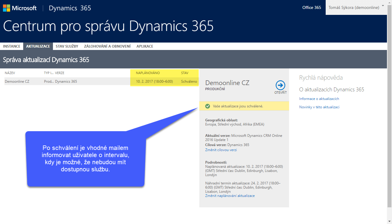 Aktualizace Microsoft Dynamics 365 - po naplánování