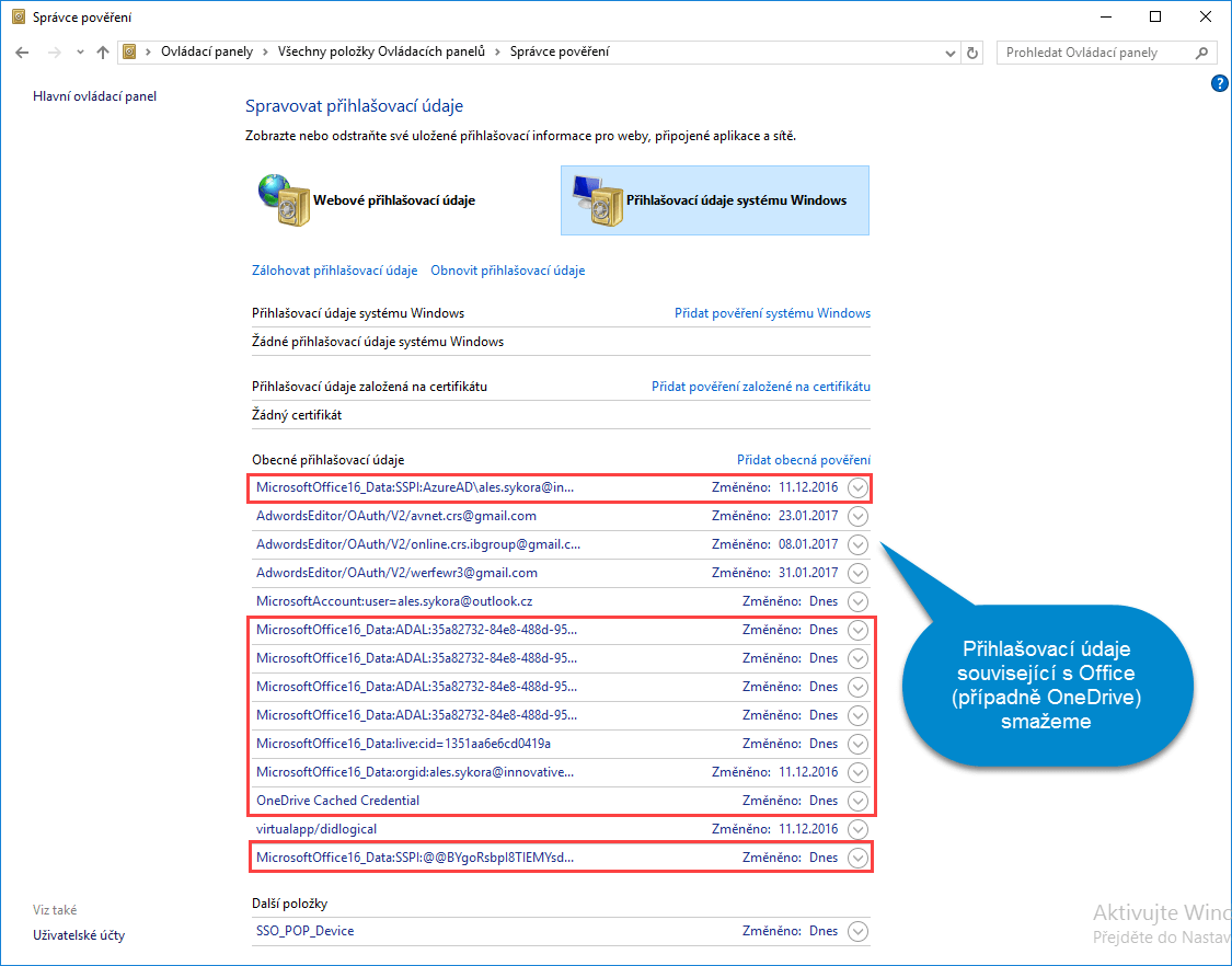 Odstranění přihlašovacích údajů Office ve Windows