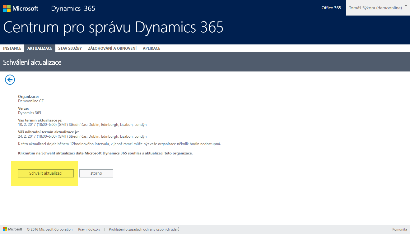 schválení aktualizace Dynamics 365