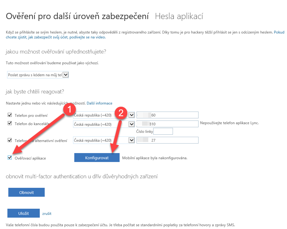 Vytvoření hesla aplikace pro Office 365 při dvoufázové autentifikaci 3