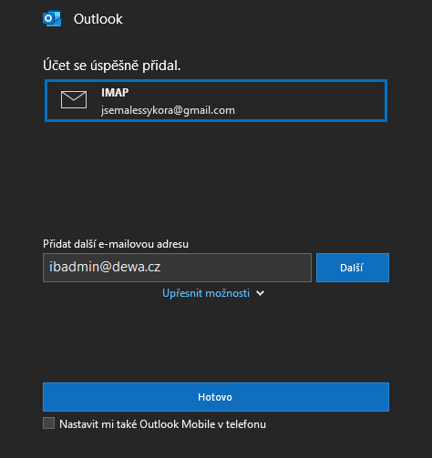 Dokončení přidání účtu v Outlooku