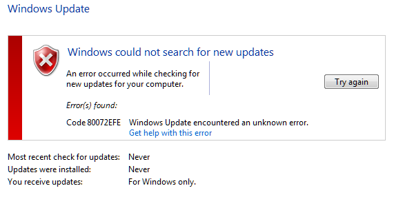 Windows Update chyba 80072EFE po čisté instalaci Windows 7 1