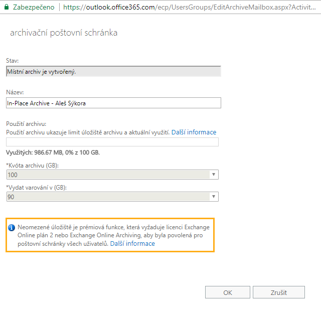 archivační poštovní schránka upozornění