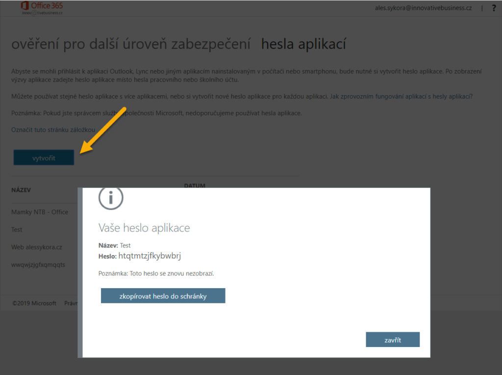 Vytvoření hesla aplikace Office 365
