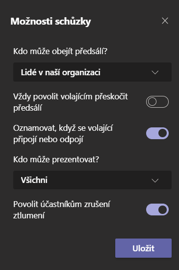 Základní nastavení kdo může prezentovat v Teams schůzce 1