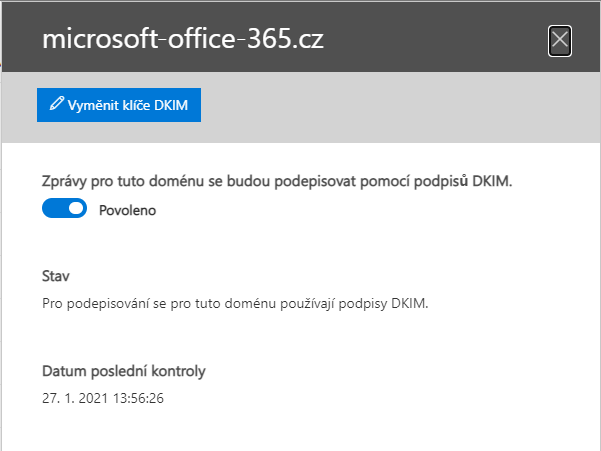 DKIM povolené pro doménu v Microsoft 365