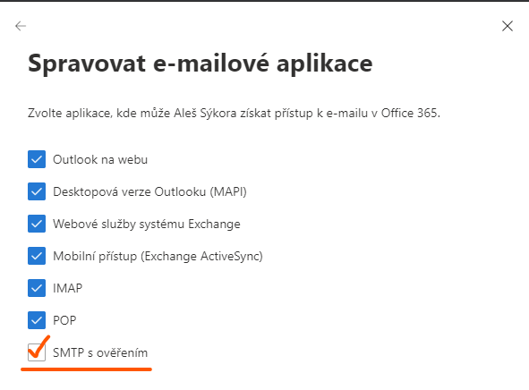 Povolení SMTP Auth pro odesílání z aplikací třetích stran a tiskáren jménem uživatele Microsoft 365 1