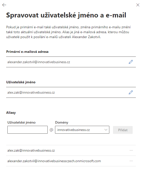 Microsoft 365 Uživatelské jméno jiné než primární alias 61