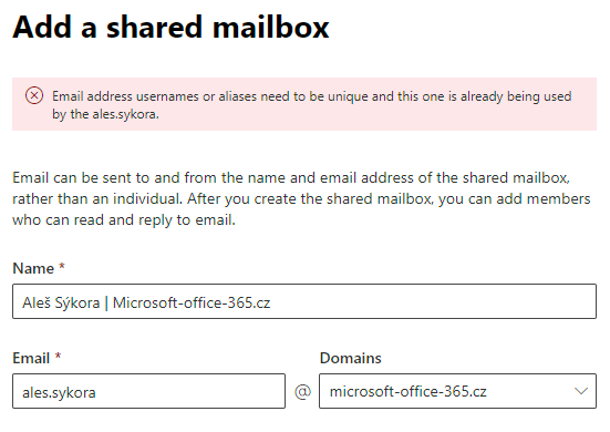 Sdílená schránka se stejným aliasem a jinou doménou v Microsoft 365 1