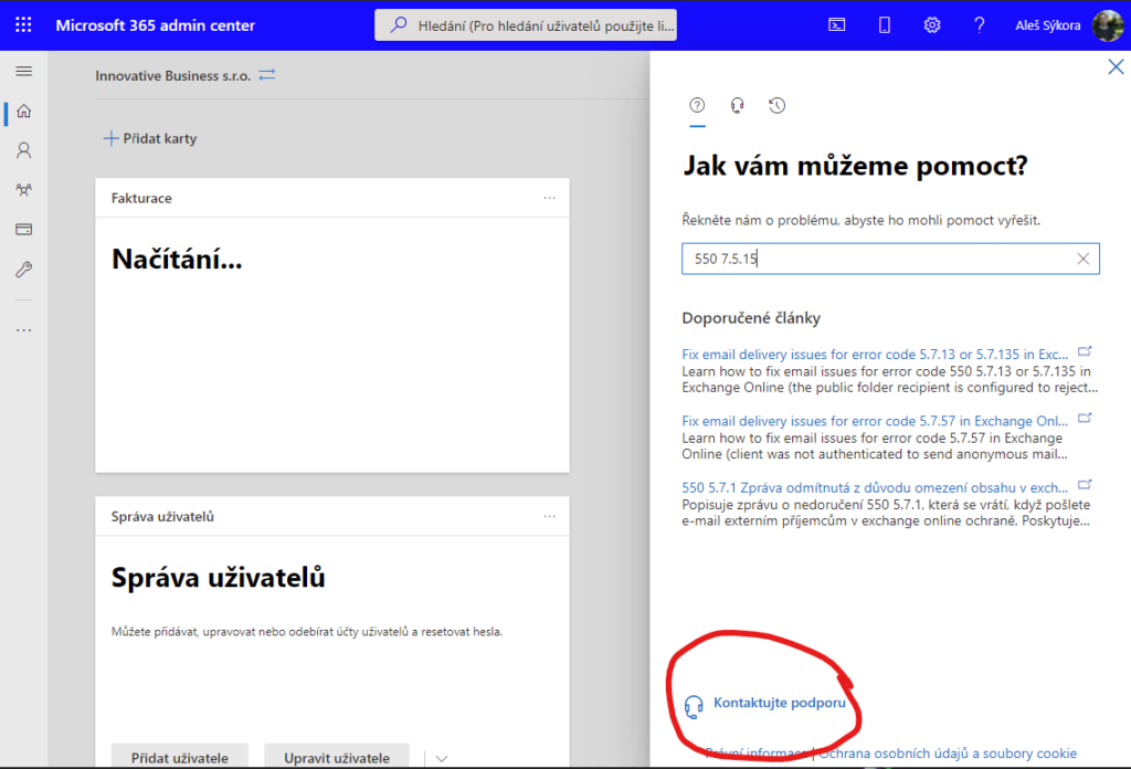 Vytvoření žádosti o podporu MIcrosoft 365