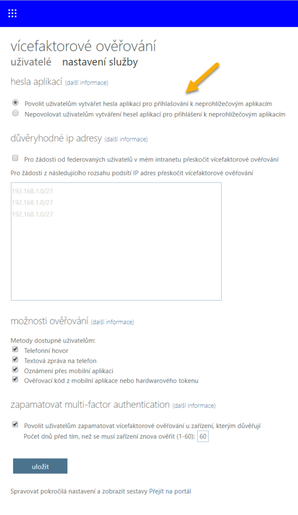 Vlastnosti vícefaktorového ověření Office 365