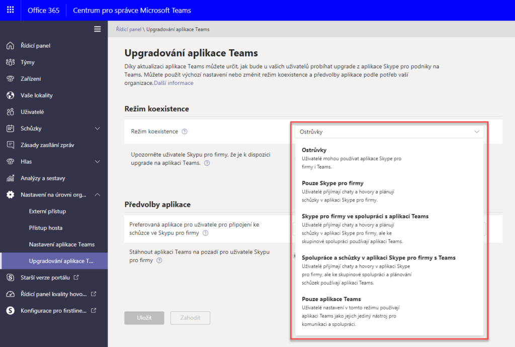 Režimy koexistence Teams a Skype pro firmy