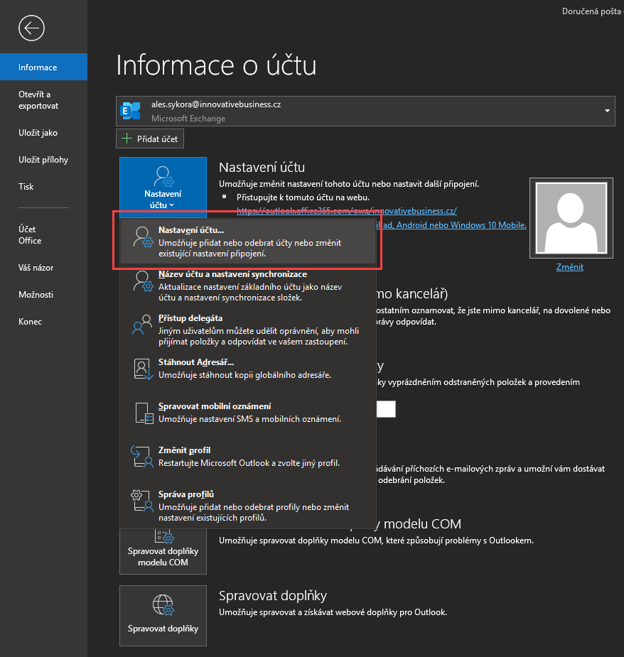 Outlook 2019 - nastavení účtu