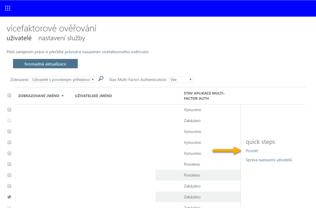Povolení vícefaktorového ověřování v Office 365