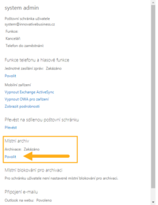 povolit místní archiv exchange online