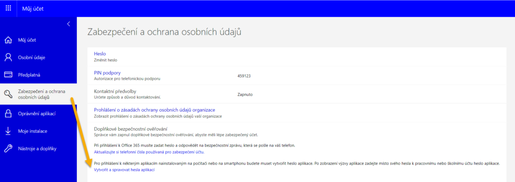 Doplňkové zabezpečení účtu Office 365